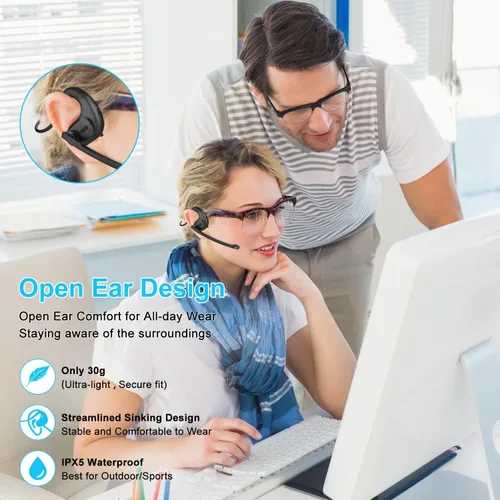 Vista 4 de iDIGMALL Auriculares Bluetooth 5.3 con micrófono desmontable magnético, auriculares inalámbricos de oído abierto con micrófono de cancelación