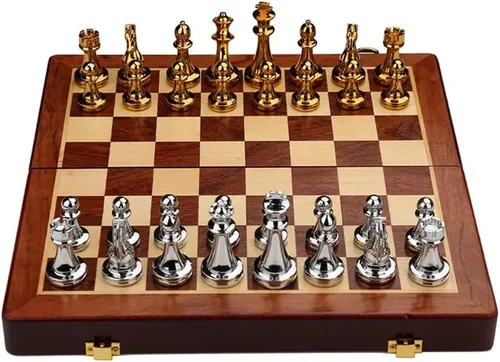 Vista 2 de Juego de ajedrez de madera de 11 pulgadas para adultos con piezas de Plata y oro de 11 pulgadas