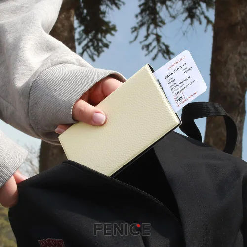 Vista 5 de Fenice Funda clásica para pasaporte, funda tipo cartera para viajes, esencial con bloqueo RFID, piel vegana, impermeable (negro)