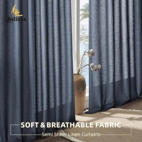 Vista 4 de Cortinas con pestaña trasera de 84 pulgadas de largo, mezcla de lino, juego de 2 paneles, cortinas azul oscuro extra anchas para patio, pasillo