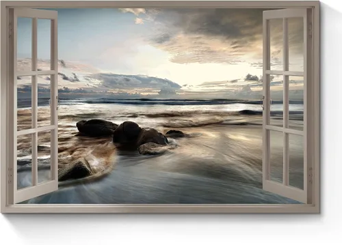 Vista 9 de Arte de Lienzo de Ventana Abierta para Pared: Paisaje Costero de Playa al Atardecer Vista de Ventana Falsa Imagen Olas Azules del Océano Pintura