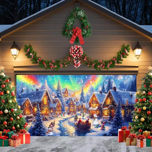 Vista 10 de Cubierta de puerta de garaje de Navidad de 6 x 8 pies, Papá Noel, retro, camión, nieve, árbol de Navidad, decoración de puerta de garaje, decoración