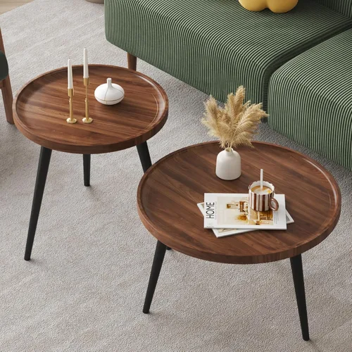 Vista 9 de 2 piezas de mesa de centro moderna de mediados de siglo, redonda para sala de estar, fácil de montar, mesas de centro anidables, mesa de centro