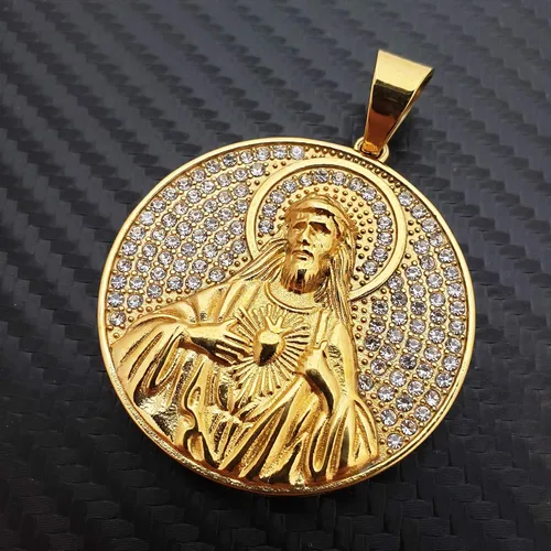 Vista 2 de Colgante de acero inoxidable con dije de medalla de Jesús Santo en tono dorado