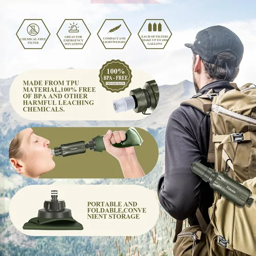 Vista 6 de Timain Filtro de agua personal portátil, filtro de agua con pajilla, equipo de supervivencia para preparación de emergencia, actividades al aire