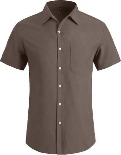 Vista 2 de YTD Camisa casual de lino con botones para hombre, camisa de playa de manga corta