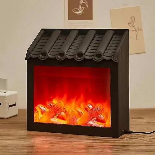 Vista 19 de Farol de chimenea pequeño y acogedor tradicional realista con efecto de llama de leña, luz LED, estilo carbón, lámpara de mesa