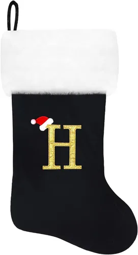 Vista 74 de Calcetines de Navidad bordados de 20 pulgadas con monograma, terciopelo negro con puño de felpa blanca supersuave, adornos clásicos para decoración