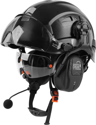Vista 2 de CASCO DE SEGURIDAD CON VISERA Y OREJERAS BLUETOOTH GREEN DEVIL Casco Duro de Trabajo con Protección Completa, Ventilado, Casco de Construcción ANSI