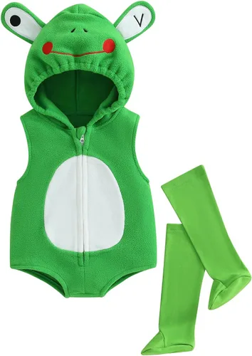 Vista 32 de Disfraz de Halloween para bebé, niño, niña, con capucha, sin mangas, overol con leggings, disfraz de Halloween Disfraz de pato verde