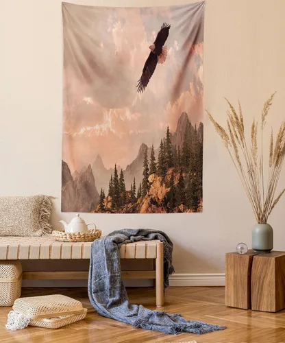 Vista 53 de Ambesonne Tapiz verde, fases lunares alrededor de un árbol de la vida, impresión de diseño bohemio de astrología nocturna, decoración de tela