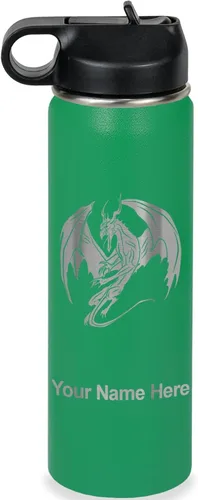 Vista 38 de LaserGram Botella de agua con tapa abatible de doble pared de 12 onzas con pajilla, dragón, grabado personalizado incluido (negro)