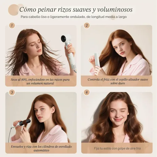 Vista 8 de Estilizador de cabello 6 en 1, secador de pelo iónico de alta velocidad con rizadores de envoltura automática, cepillo ovalado y voluminizador, sin