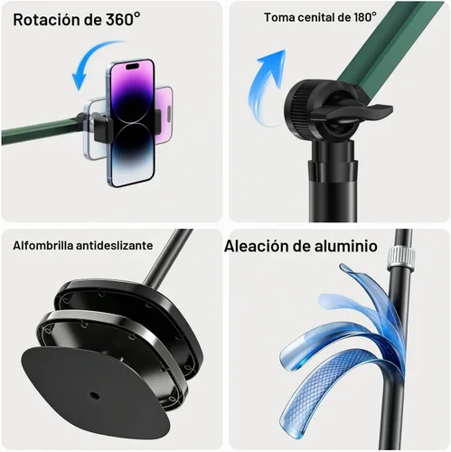 Vista 7 de Soporte de teléfono superior con luz, soporte para teléfono celular para grabación de video, inclinación giratoria de 360 grados, trípode