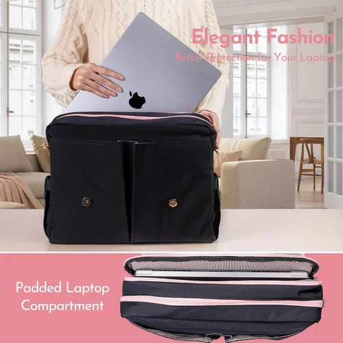 Vista 5 de Bolsa de mano para laptop para mujer, bolsa de trabajo de lona de 15.6 pulgadas con 17 bolsillos, color negro y beige, elegante, duradera y ligera