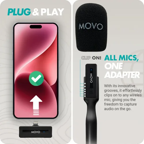 Vista 5 de Movo Micrófono inalámbrico Mini DI Ultra Compact Wireless Lavalier para iPhone con adaptador de mano WMX-HM - Micrófono de solapa con soporte