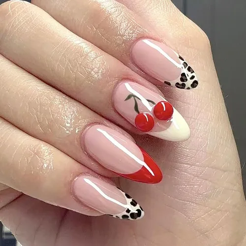Vista 41 de Uñas postizas de almendra medianas MABKJLF con punta francesa, uñas falsas 3D con diseños de pedrería de flores de fresa, uñas pegajosas brillantes 1