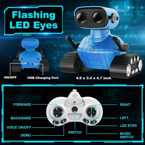 Vista 5 de Hamourd Juguetes robot para niños y niñas, robots emo recargables con control remoto con demostración automática, cabeza y brazos flexibles Azul
