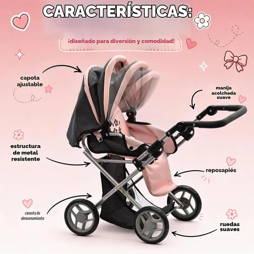 Vista 5 de Cochecito Convertible de Muñeca de Bebé con Portabebés de Viaje Extraíble para Niños, Mango Ajustable, Cochecito con Toldo y Cesta