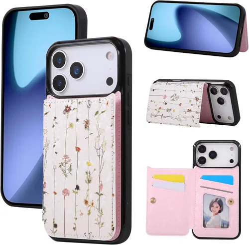 Vista 25 de UEEBAI Funda tipo cartera para iPhone 13 con tarjeteros, piel sintética, diseño floral, función atril, bloqueo RFID, doble cierre magnético, funda