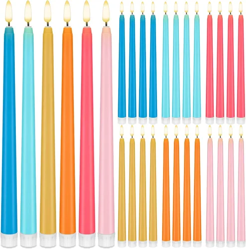 Vista 9 de Baquler 24 velas cónicas sin llama de flores silvestres de 11 pulgadas, funciona con pilas, velas LED de plástico con degradado parpadeante
