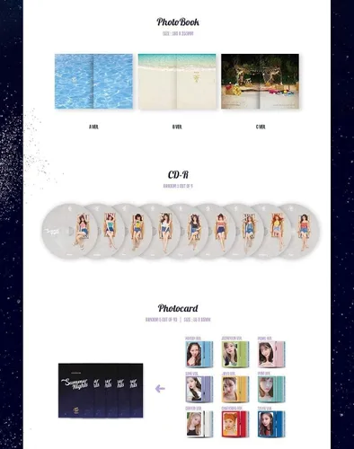 Vista 2 de JYP Ent. TWICE - Summer Nights (2º Álbum Especial) Álbum+Juego de tarjetas de fotos extra (A+B+C ver. SET)