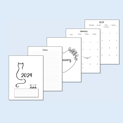 Vista 4 de Calendario mensual 2024 de repuesto para mini planificadores Happy de 7 discos, y mini cápsula NOTIQ (S6) (4.5 x 7 pulgadas) (gato)