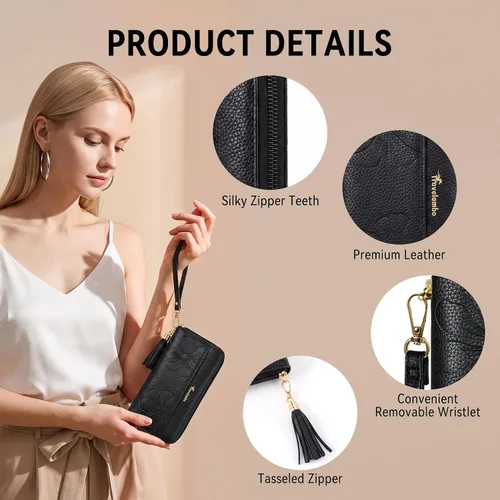 Vista 4 de Carteras con borla Travelambo para mujer, plegable, pulsera, cartera larga negro (A01 Black)