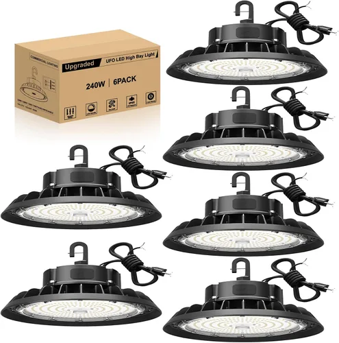 Vista 8 de UFO - Luz LED de alta bahía de 100 W, luces LED de alta bahía de 14,000LM, 0-10 V, regulable, cable de 6 pies con enchufe estadounidense, gancho