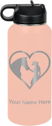 Vista 72 de LaserGram Botella de agua personalizada, corazón de vaquera de caballo, acero inoxidable de doble pared aislada al vacío con popote superior, regalo