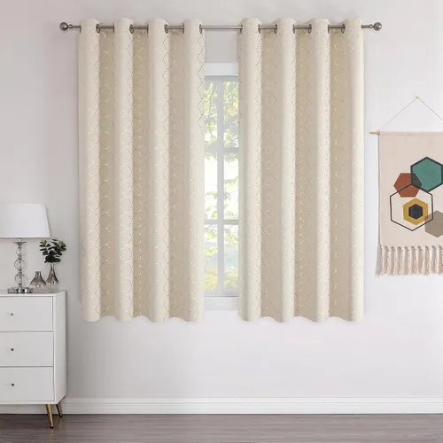 Vista 2 de Enactex, cortinas 100% opacas de 63 pulgadas de largo, cortinas beige con aislamiento térmico con patrón geométrico plateado metálico, cortinas