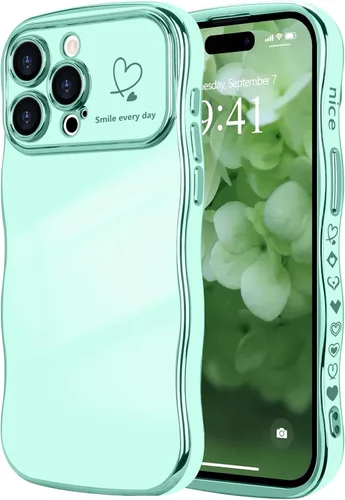 Vista 19 de LCHULLE - Funda para iPhone Air, linda para mujeres y niñas, con forma de onda, color azul bebé Luxury Plating Curly Wavy Frame with Love Heart