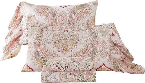 Vista 14 de ABREEZE Juego de sábanas con estampado floral beige, juego de ropa de cama bohemio, juego de ropa de cama de lujo de 4 piezas, medallón de damasco
