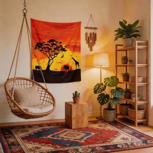 Vista 6 de BROSHAN Tapiz de animales pequeños, pintados a mano con diseño de safari africano, elefante, árbol, silueta de árbol, tapices de tela para colgar