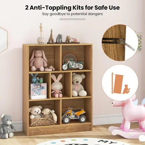 Vista 5 de Costzon 7-Cube Bookshelf for Kids, Wooden Toy Storage Organizer w/ 2 Anti-Toppling Kits, 3 Tier Open Shelves & Non-Slip Foot Pads, Montessori Toy