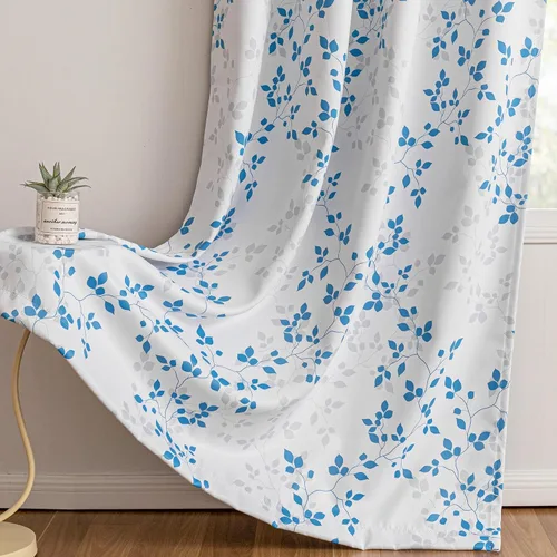 Vista 8 de Cortinas opacas 95% azules de 63 pulgadas de largo para dormitorio, cortina de oscurecimiento de habitación con patrón de hojas para habitación