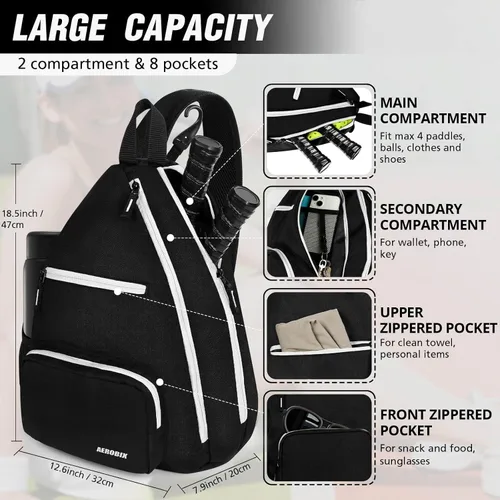 Vista 2 de Bolsa de Pickleball AEROBIX para Mujeres y Hombres, Mochila de Pickle Ball - Cremalleras Mejoradas, Gran Capacidad, Bolsillo Acolchado para Pala