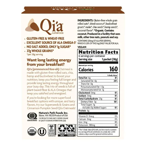 Vista 6 de Nature's Path Qi'a Superfood - Harina de avena instantánea de coco cremoso orgánico sin gluten, 6 paquetes, sin OMG, 1.28 onzas de granos enteros