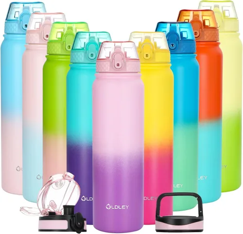 Vista 24 de Oldley Botella de Agua Aislada con Pajilla de 20oz, Botellas de Agua de Acero Inoxidable con 3 Tapas, Aislamiento al Vacío de Doble Pared Térmica