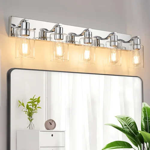 Vista 12 de 2 Luces de Iluminación para Baño, Accesorios de Iluminación de Tocador en Bronce Cepillado con Soporte de Vidrio Transparente de 33cm, Lámparas