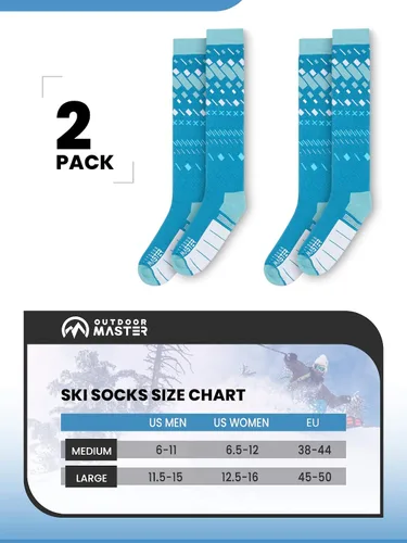 Vista 6 de OutdoorMaster Calcetines de esquí, paquete de 2 pares de calcetines de esquí y snowboard para hombres y mujeres con diseño OTC con puño