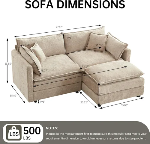 Vista 2 de Sofá modular seccional, juego de sofá en forma de L de 77 pulgadas con reposabrazos, cómodos sofás de nube de 2 plazas para sala de estar