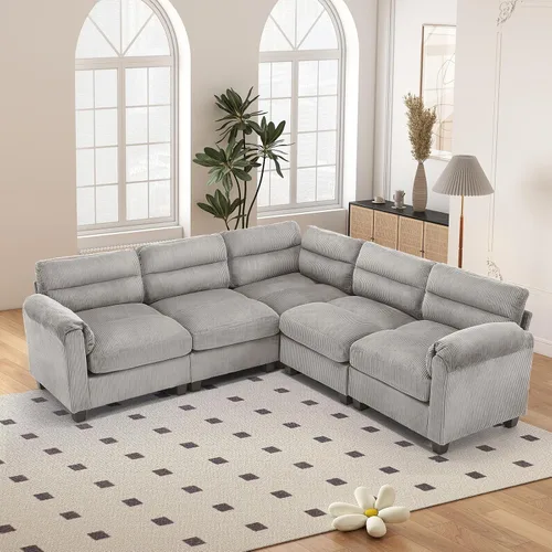 Vista 94 de HAOMARKETS Sofá esquinero modular en forma de L de 115 pulgadas con 2 otomanas móviles, sofás de pana de 8 plazas con cojín grueso para sala de Beige