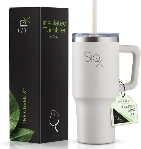 Vista 12 de SipX™ Vaso aislado de 30 onzas con asa y pajita, acero inoxidable aislado al vacío, a prueba de fugas, apto para portavasos - Perfecto para café