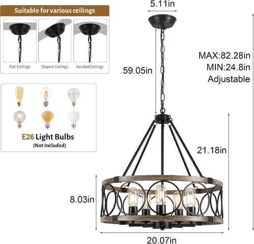Vista 4 de Candelabro de Granja para Comedor de 5 Luces Negro Rústico de Tambor Candelabros de 20" Textura de Madera Lámpara Colgante Ajustable para Isla
