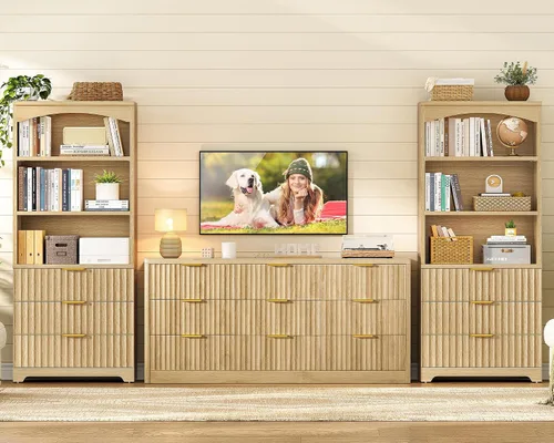 Vista 3 de TEENFON Estantería de 63.3 pulgadas de alto, estanterías y estanterías con cajones, estantería de diseño arqueado con gabinete de almacenamiento
