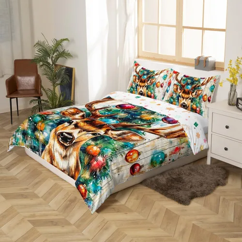 Vista 3 de Juego de funda de edredón con diseño de ciervo de cabaña, tamaño twin, juego de ropa de cama rústica de tablón de madera de árbol de Navidad