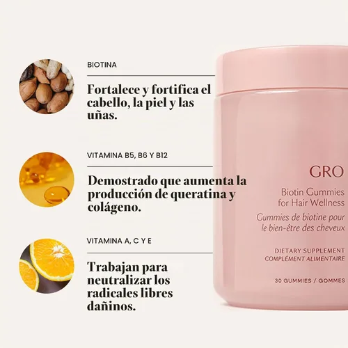 Vista 6 de VEGAMOUR GRO Gomitas de biotina, sabor a fresa con 5000 mcg de biotina, apoya el cabello saludable Gomitas veganas con vitaminas A, B, C, E, B-12
