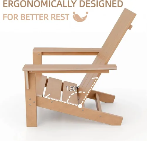 Vista 3 de 3 sillas Adirondack resistentes a todo tipo de clima, silla Adirondack de plástico HDPE con mesa de textura de madera, silla de césped para piscina