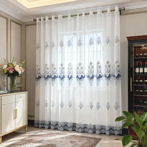 Vista 10 de Amidoudou 1 par de cortinas bordadas de lujo europeas para sala de estar y dormitorio (beige, 51 x 84 pulgadas)